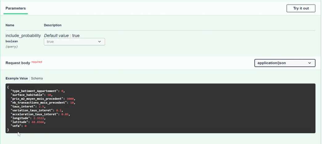 Interface d’API affichant un paramètre booléen include_probability défini sur true et un exemple de corps JSON contenant des données immobilières comme surface, prix au m², taux d’intérêt, coordonnées GPS et type de logement.