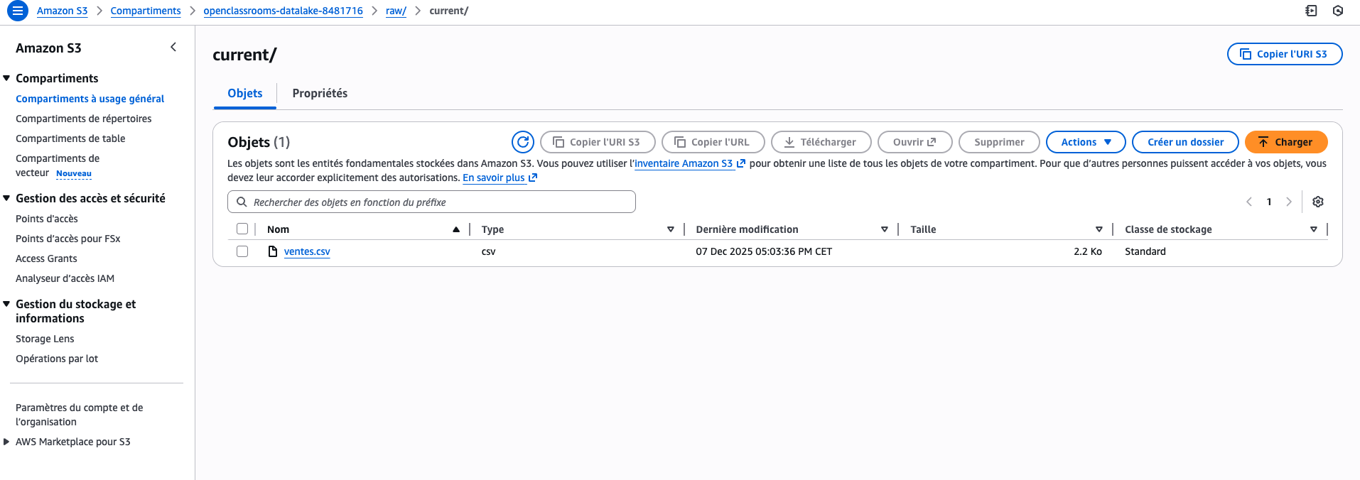 Capture d’écran d’un compartiment Amazon S3 affichant un fichier nommé