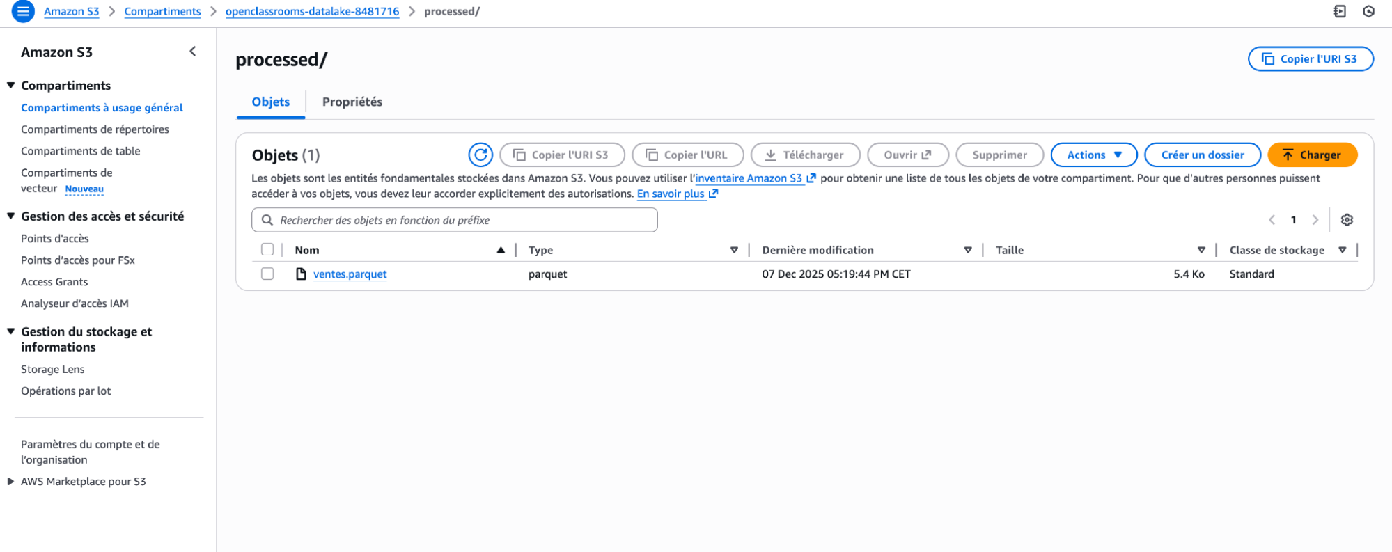Capture d’écran d’un dossier Amazon S3 nommé “processed” contenant un fichier