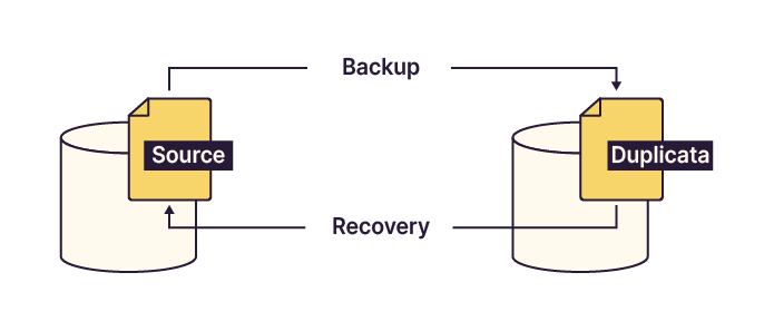 Basic backup cycle showing source data duplicated and restored if lost.