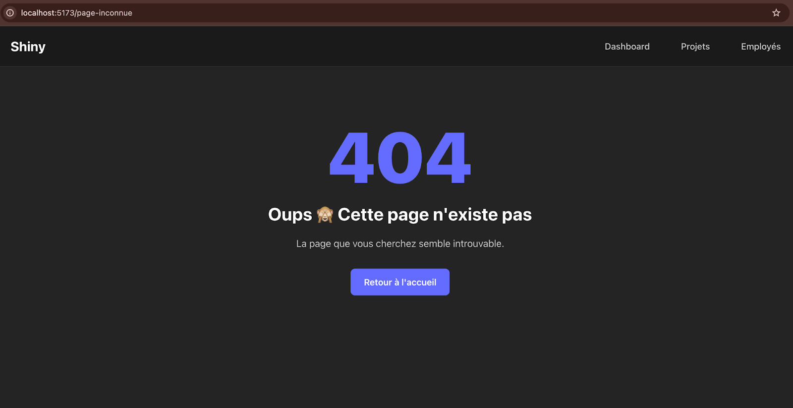 Page d’erreur 404 indiquant que la page demandée est introuvable, accompagnée du message « Oups 🙈 Cette page n'existe pas » et d’un bouton violet « Retour à l'accueil ».