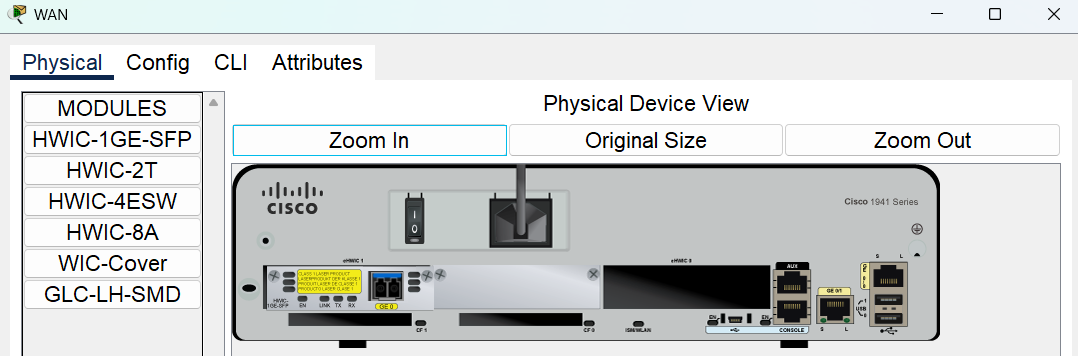Interface d’un routeur Cisco 1941 dans Packet Tracer, affichant les modules physiques, ports réseau, alimentation, console et options d’extension à gauche.