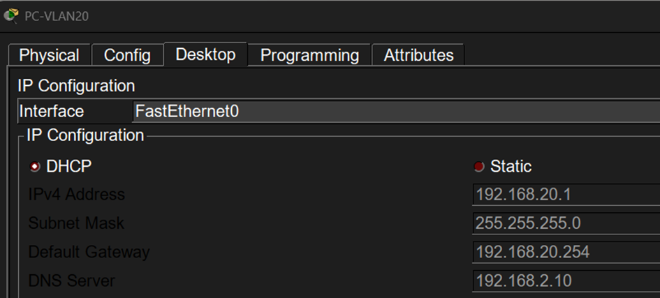 Configuration IP du PC-VLAN20 affichée. L’interface FastEthernet0 est en mode statique avec l’adresse IP 192.168.20.1, masque 255.255.255.0, passerelle 192.168.20.254 et DNS 192.168.2.10.