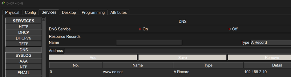 Interface de configuration DNS du serveur. Le service DNS est activé et contient un enregistrement de type A pour le nom de domaine www.oc.net , associé à l’adresse IP 192.168.2.10.