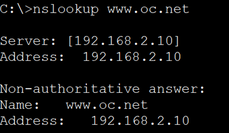Fenêtre de commande montrant une requête nslookup pour www.oc.net . Le serveur DNS utilisé est 192.168.2.10, qui répond avec l’adresse IP 192.168.2.10 pour ce nom de domaine.