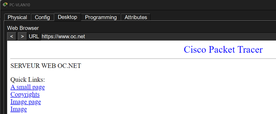 Navigateur web du PC-VLAN10 affichant la page https://www.oc.net . Le site montre un titre
