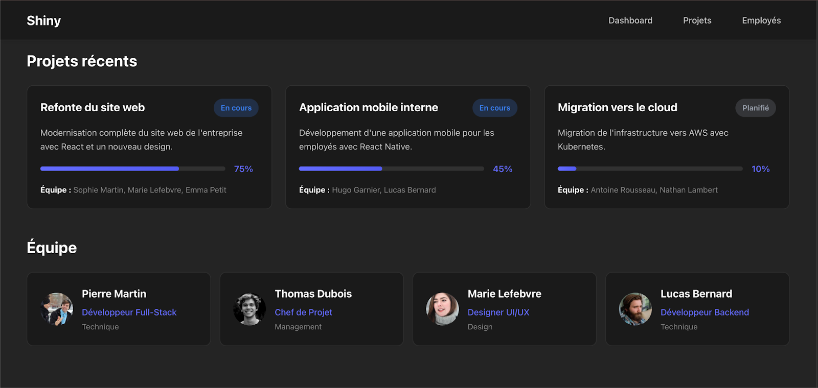Interface de tableau de bord affichant les projets récents d’une agence web, avec leurs taux d’avancement et les membres d’équipe associés.