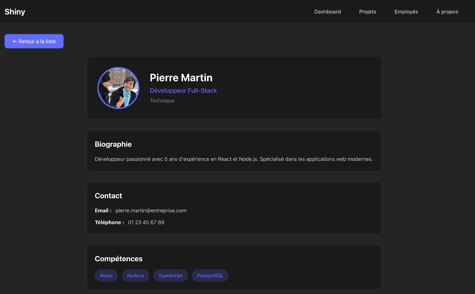 Profil détaillé de Sophie Martin, développeuse Full-Stack, avec biographie, contact et liste de compétences techniques affichés sur fond sombre.