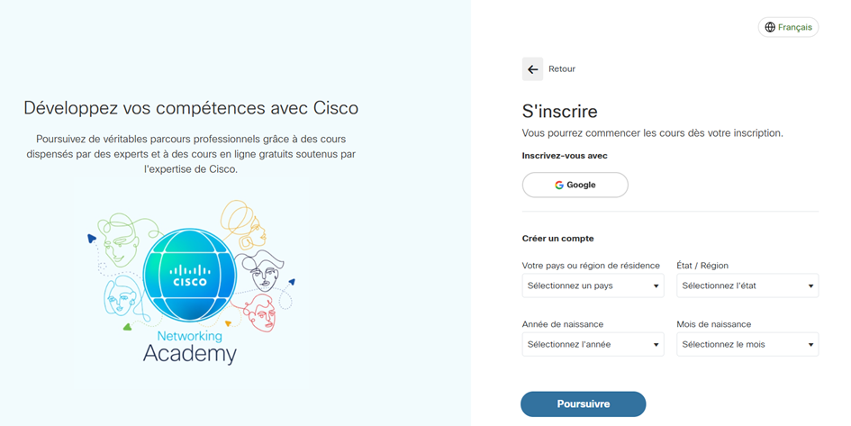 Page d'inscription à Cisco Networking Academy avec un bouton Google, des menus déroulants pour le pays, la région et la date de naissance, et un bouton bleu