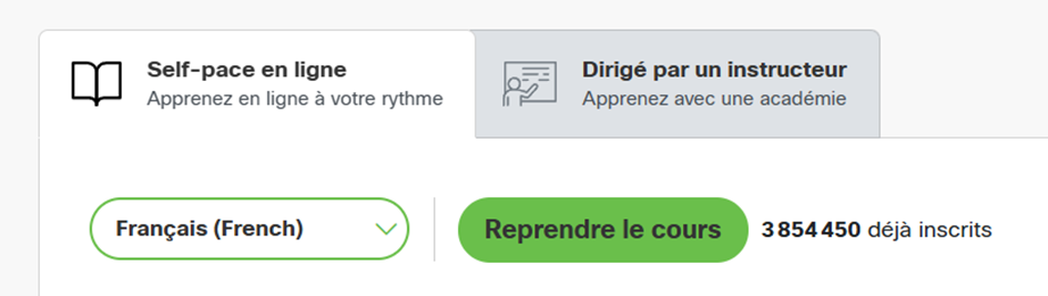 Options d’apprentissage en ligne à votre rythme ou avec un instructeur. Bouton vert « Reprendre le cours » en français et indication de 3 854 450 inscrits.