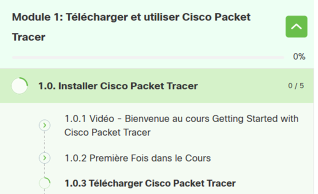 Interface d’un module de cours Cisco montrant la progression à 0 %. Le module 1 porte sur l’installation de Packet Tracer avec plusieurs étapes listées en dessous.