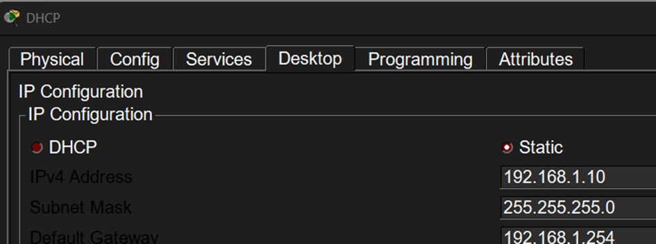 Interface de configuration IP d’un serveur avec une adresse statique 192.168.1.10, masque 255.255.255.0 et passerelle par défaut 192.168.1.254.