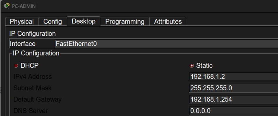 PC nommé PC-ADMIN avec une IP statique 192.168.1.2, un masque 255.255.255.0 et une passerelle 192.168.1.254 configurés sur l’interface FastEthernet0.