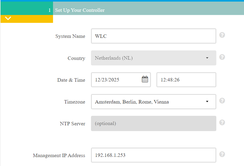 Écran de configuration du contrôleur WLC : nom du système