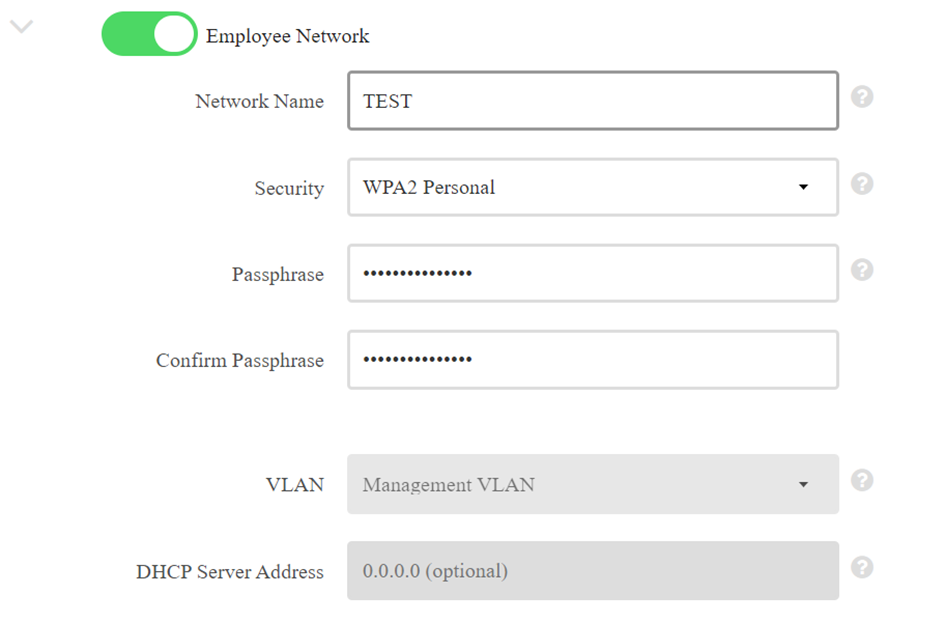 Configuration d’un réseau Wi-Fi nommé TEST pour les employés, sécurisé en WPA2 Personal avec mot de passe. Le VLAN utilisé est le VLAN de gestion et le serveur DHCP est facultatif.