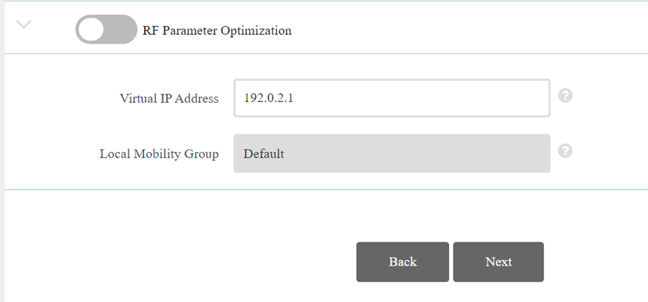 Configuration de l’adresse IP virtuelle du contrôleur définie sur 192.0.2.1, avec le groupe de mobilité locale réglé sur