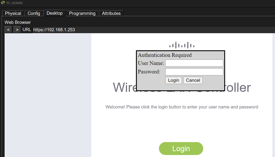 Depuis le PC-ADMIN, l’accès sécurisé à l’interface web du contrôleur WLC via l’adresse 192.168.1.253 affiche une fenêtre d’authentification demandant nom d’utilisateur et mot de passe.