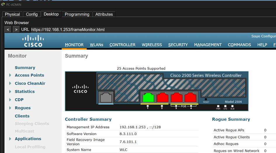 Interface de gestion du WLC Cisco 2504 affichée dans le navigateur du PC-ADMIN. IP de gestion : 192.168.1.253, version logicielle 8.3.111.0, aucun client ou point d’accès rogue détecté.