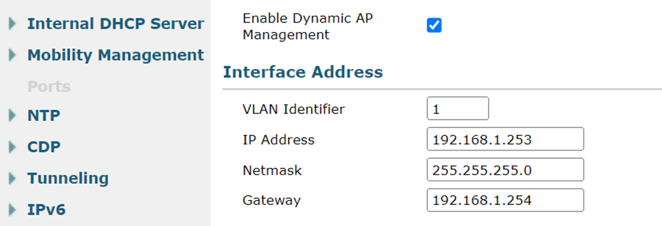 Paramètres du WLC montrant la gestion dynamique des AP activée. L’interface utilise l’IP 192.168.1.253, le masque 255.255.255.0, la passerelle 192.168.1.254 et le VLAN ID 1.