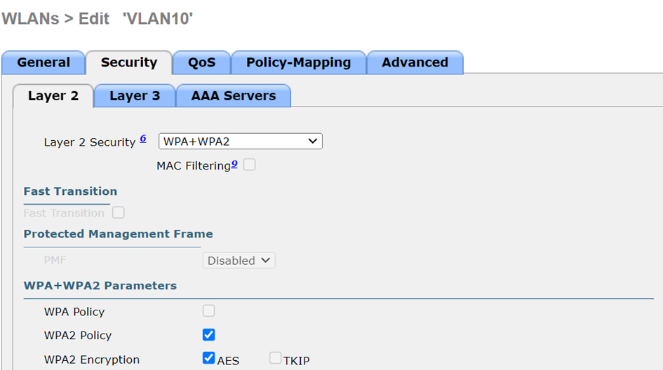 L’onglet sécurité du WLAN « VLAN10 » indique une protection WPA+WPA2. Seule la politique WPA2 est activée, avec chiffrement AES. Le filtrage MAC et la transition rapide sont désactivés.