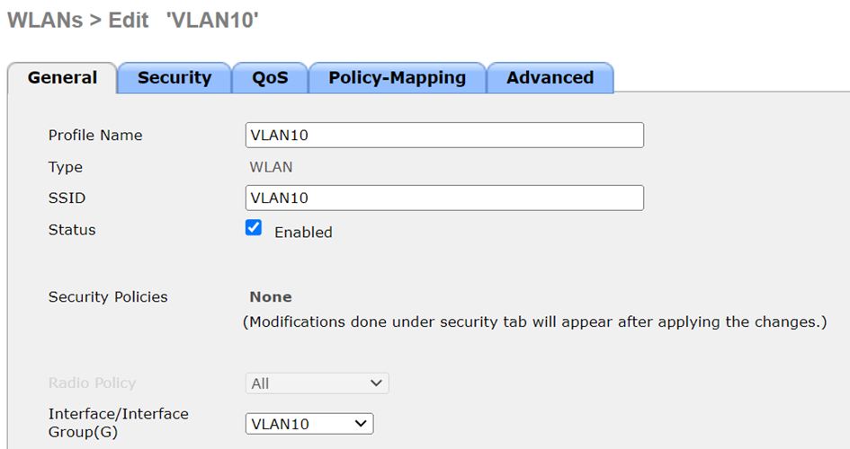 L’onglet de configuration du WLAN