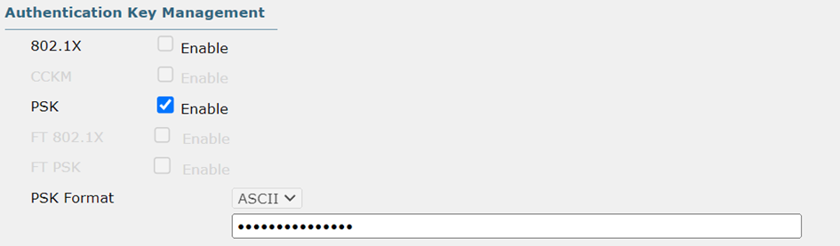 La gestion de clé d’authentification pour le WLAN utilise le mode PSK (clé pré-partagée) activé au format ASCII. Les autres méthodes comme 802.1X ou FT sont désactivées.