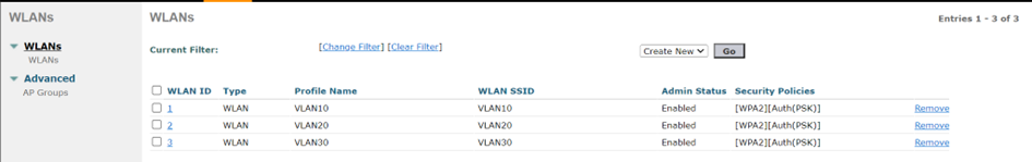 Liste des 3 WLAN configurés sur le contrôleur : VLAN10, VLAN20 et VLAN30. Tous sont activés, utilisent le WPA2 avec authentification PSK, et ont chacun un SSID correspondant à leur nom.