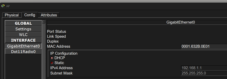 L’interface GigabitEthernet0 du point d’accès est configurée en statique avec l’adresse IP 192.168.1.1 et le masque 255.255.255.0. L’adresse MAC est 0001.632B.0E01. Le mode DHCP est désactivé.