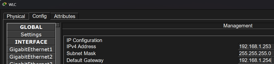 Le contrôleur WLC a l’adresse IP 192.168.1.253, un masque 255.255.255.0 et utilise la passerelle 192.168.1.254 sur l’interface de gestion.