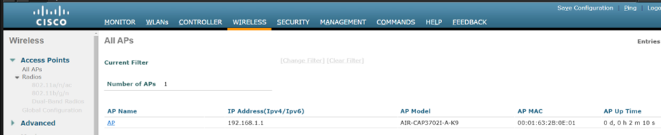 Interface du contrôleur sans fil Cisco affichant un point d’accès actif nommé