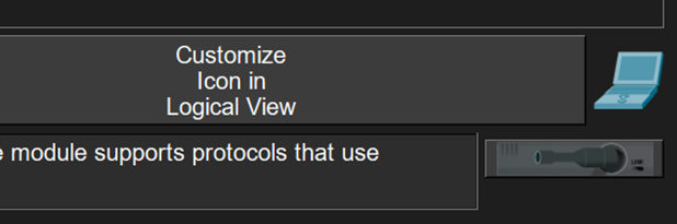 Capture d’écran d’une interface logicielle affichant un menu contextuel « Customize Icon in Logical View » avec à droite une icône de PC portable et un module réseau représenté en bas à droite.