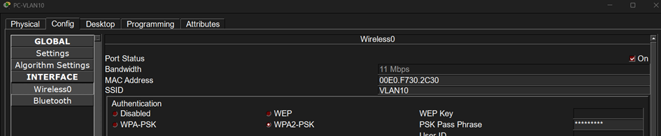Connectez chaque PLe PC nommé PC-VLAN10 est connecté en Wi-Fi au SSID VLAN10 avec une bande passante de 11 Mbps. L’authentification utilisée est WPA2-PSK avec une phrase secrète renseignée.C au SSID qui correspond à son VLAN