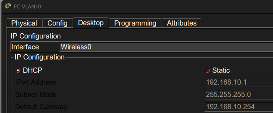 Le PC-VLAN10 est connecté en Wi-Fi via l’interface Wireless0, configurée en IP statique avec l’adresse 192.168.10.1, un masque 255.255.255.0 et la passerelle 192.168.10.254.