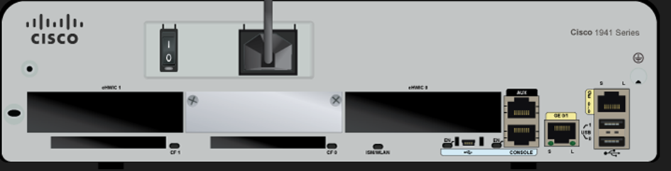 Vue arrière d’un routeur Cisco 1941 avec ports d’alimentation, deux emplacements eHWIC, ports console, auxiliaire, USB et un port GigabitEthernet allumé en vert.