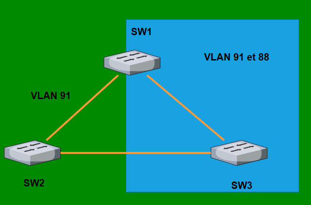 Trois commutateurs en triangle. SW1 et SW3 exécutent Spanning-Tree pour les VLAN 88 et 91, tandis que SW2 ne l’exécute que pour le VLAN 91. Les zones VLAN sont colorées en vert et bleu.