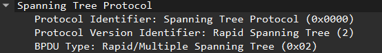 Capture d’écran d’une trame Spanning Tree indiquant l’identifiant de version du protocole (2), correspondant à Rapid Spanning Tree, et un type BPDU spécifique à RSTP/MSTP.