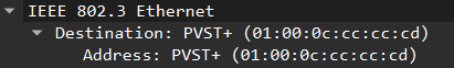 Capture d’écran montrant une trame Ethernet avec une adresse de destination multicast propre à PVST+ (01:00:0c:cc:cc:cd).