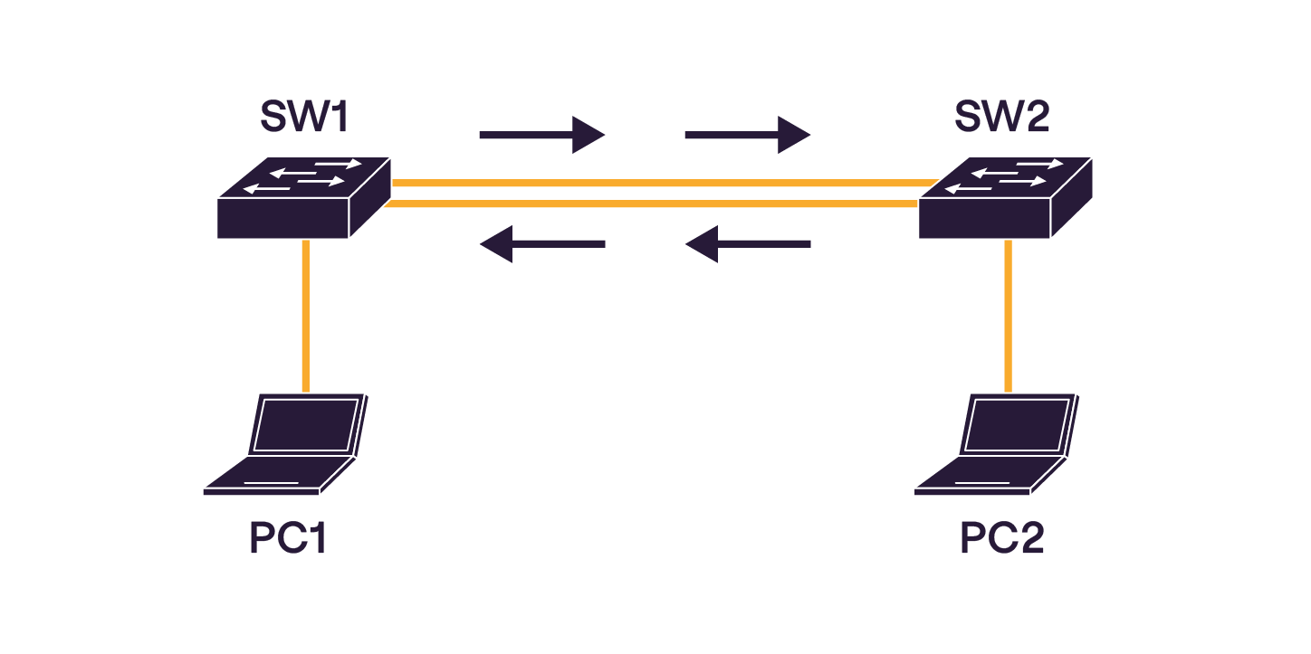 Deux PC connectés via deux commutateurs interconnectés par deux liens redondants, illustrant une boucle réseau que le protocole Spanning-Tree permet d'éviter.