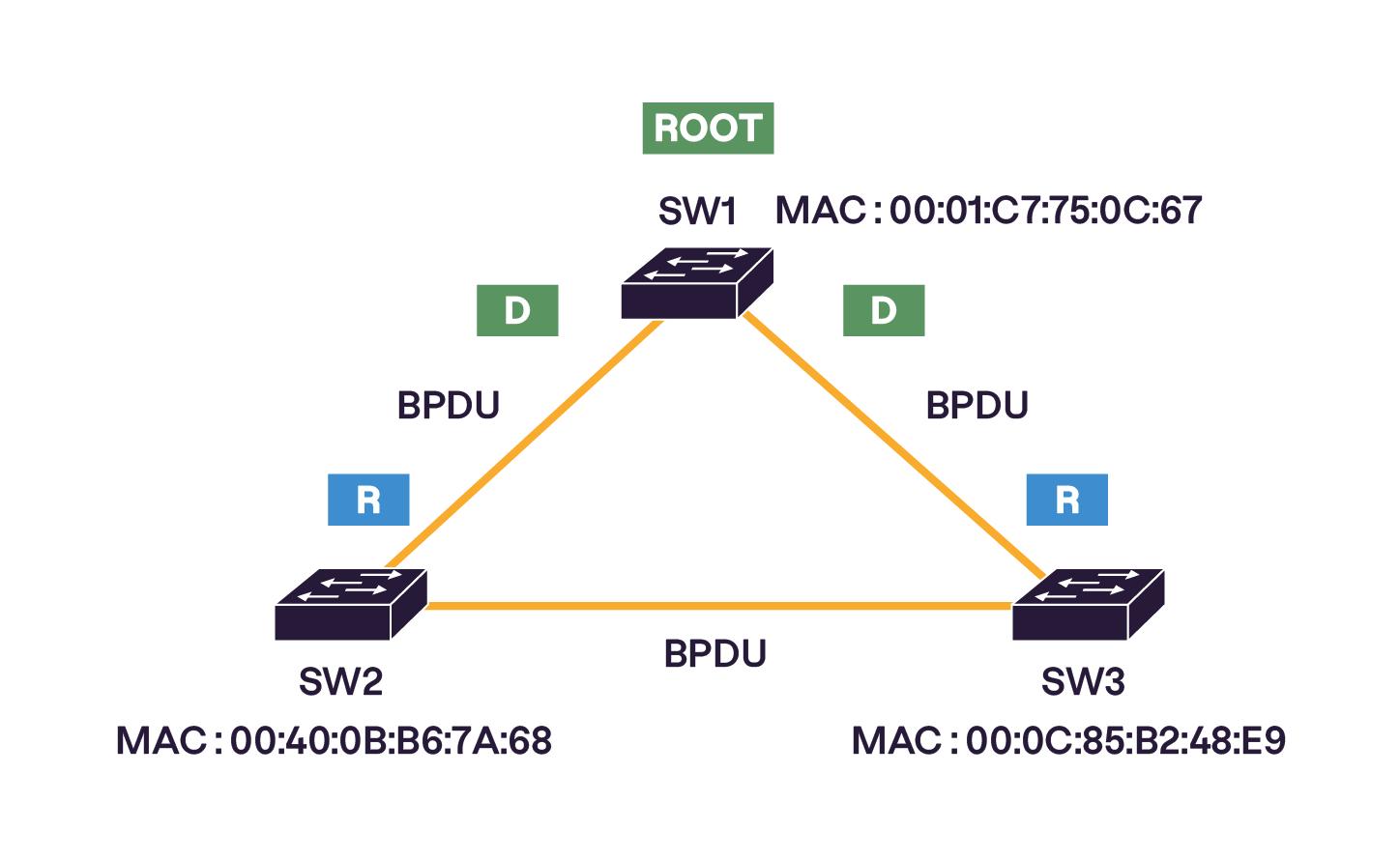 Trois commutateurs connectés en triangle. SW1 est root, ses ports sont désignés (D). Les ports racines (R) sur SW2 et SW3 pointent vers SW1 via les liens les plus directs. Adresses MAC visibles.