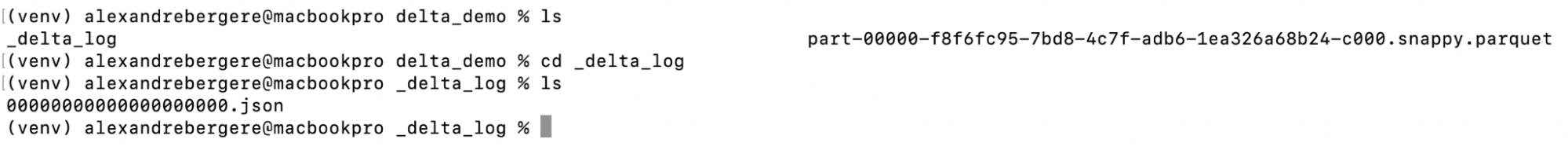 Terminal affichant le contenu d’un dossier Delta Lake : un dossier _delta_log contenant un fichier JSON de log nommé 00000000000000000000.json et un fichier parquet compressé.