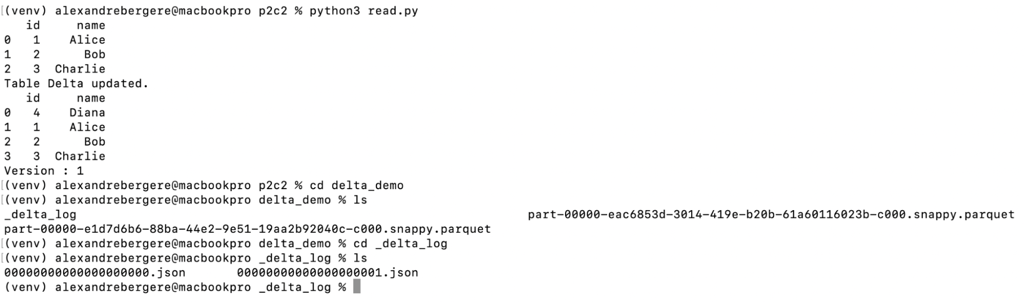 Terminal montrant l'exécution d’un script Python qui met à jour une table Delta avec un nouvel enregistrement. Deux fichiers JSON de log apparaissent ensuite dans le dossier delta log