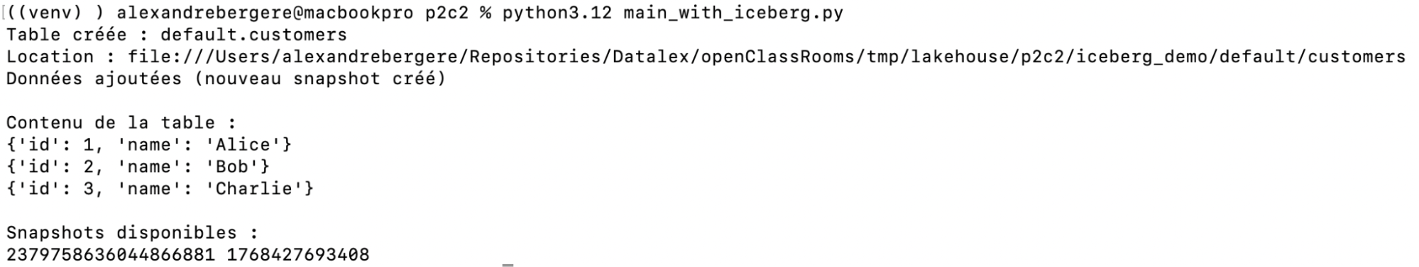 Terminal montrant la création d’une table Iceberg nommée default.customers, avec ajout de données (Alice, Bob, Charlie) et génération de deux snapshots disponibles.
