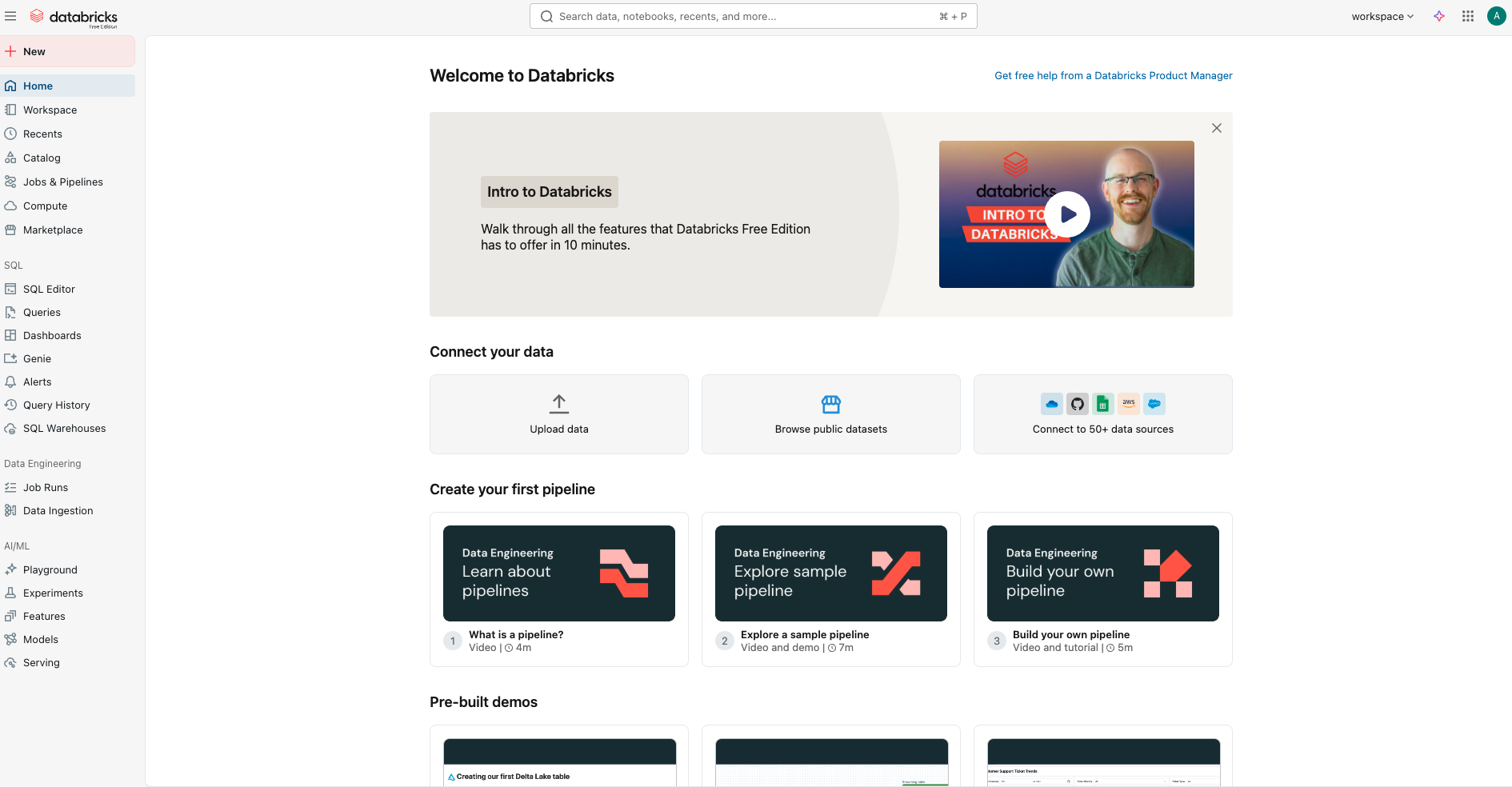 Interface d’accueil de Databricks montrant les options pour connecter des données, créer des pipelines de données, explorer des démos, et accéder à divers outils via un menu latéral.