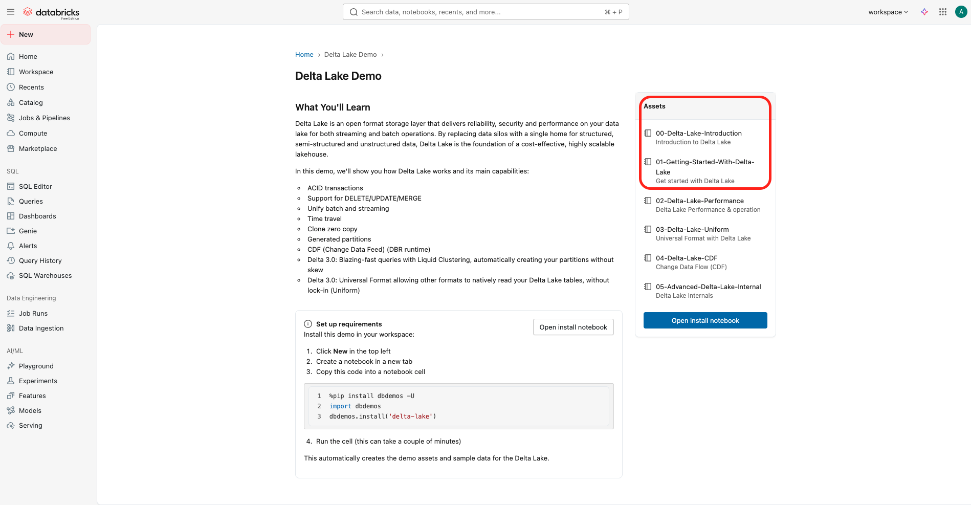 Page Databricks affichant une démo Delta Lake avec une liste de notebooks à explorer, un résumé des fonctionnalités de Delta Lake et des instructions pour installer le contenu dans un espace de travail.