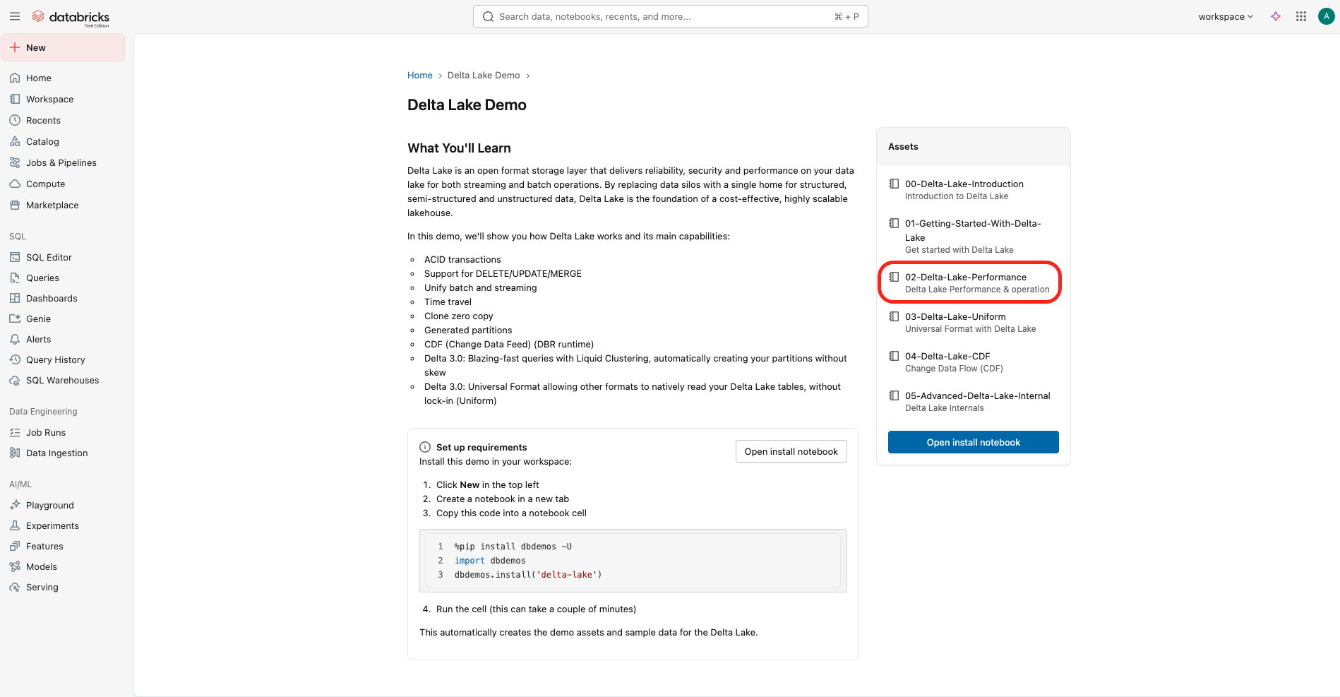 Page d'une démo Delta Lake dans Databricks avec le notebook