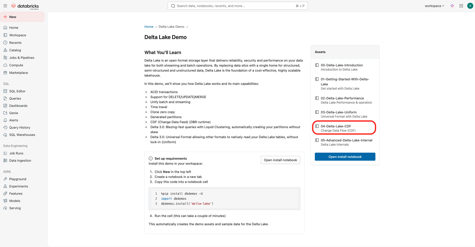 Interface d'une démo Delta Lake sur Databricks, avec le notebook