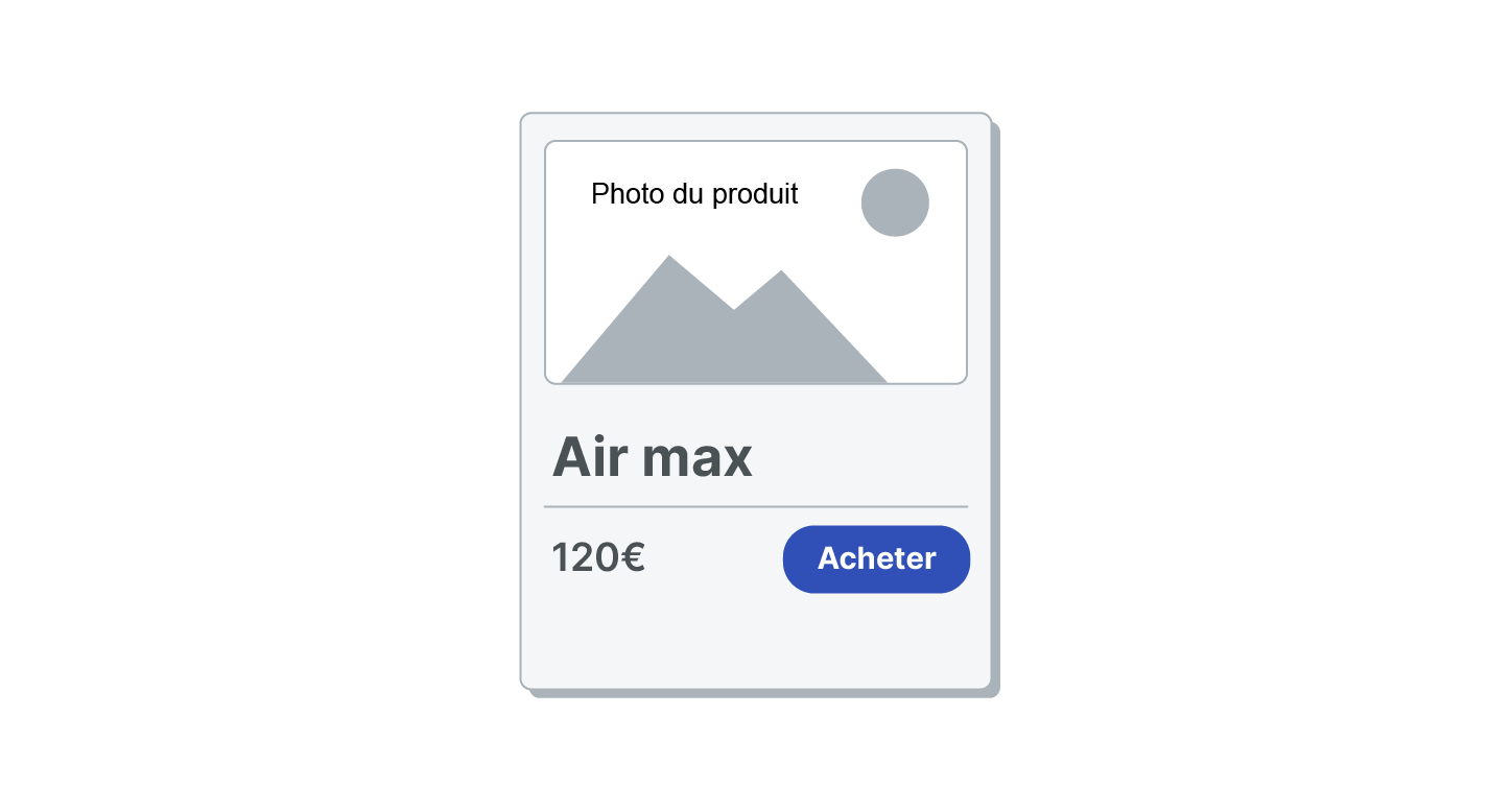 Carte produit montrant une image générique, le nom « Air max », le prix 120 € et un bouton bleu « Acheter ».