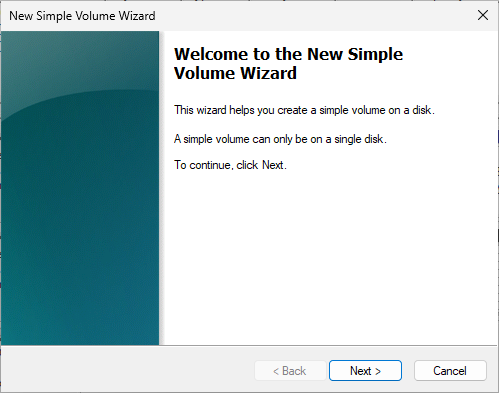 Continue Creating a New Simple Volume