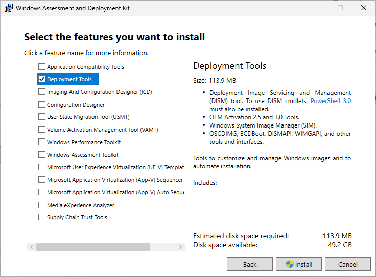 Fenêtre d’installation du Kit de déploiement Windows, avec l’option