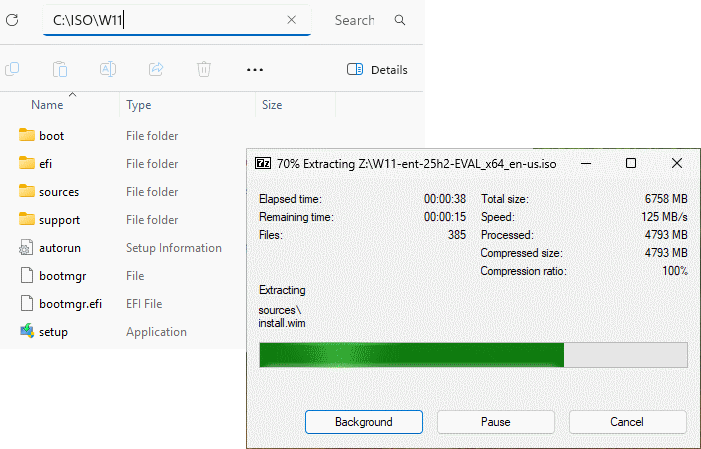 Fenêtre d’extraction 7-Zip en cours, décompressant le fichier ISO de Windows 11 avec progression à 41 %, pendant que le contenu du dossier ISO est affiché.